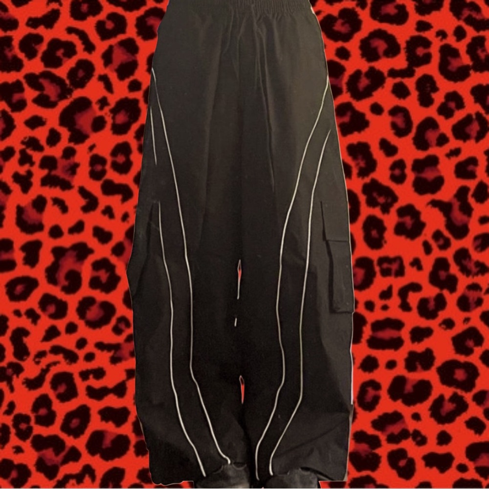 Adidas type vintage Black Cargo Pants with White Piping